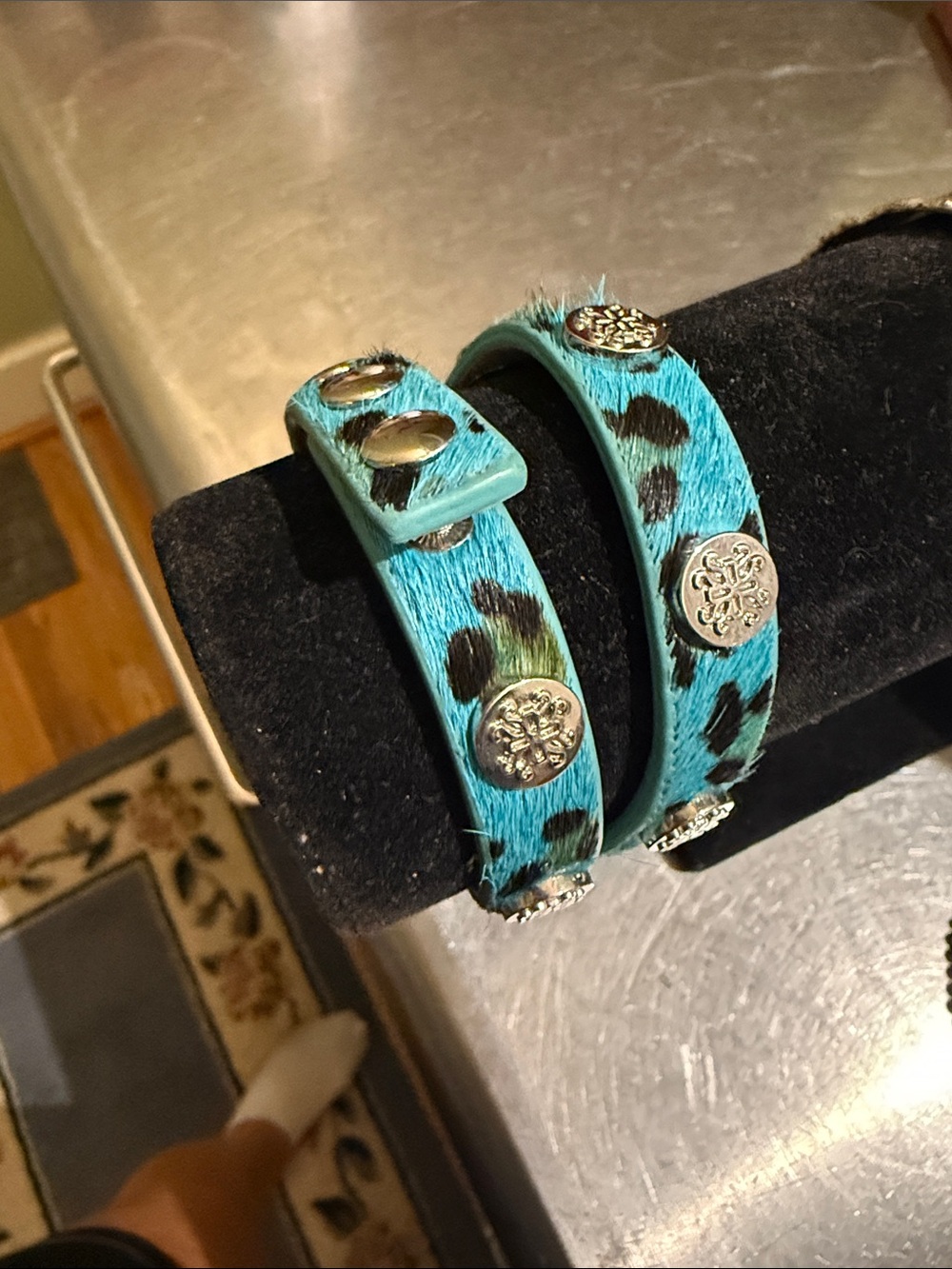 Rustic Cuff Turquoise Leopard Hair-On Double Wrap Bracelet with Silver Studs